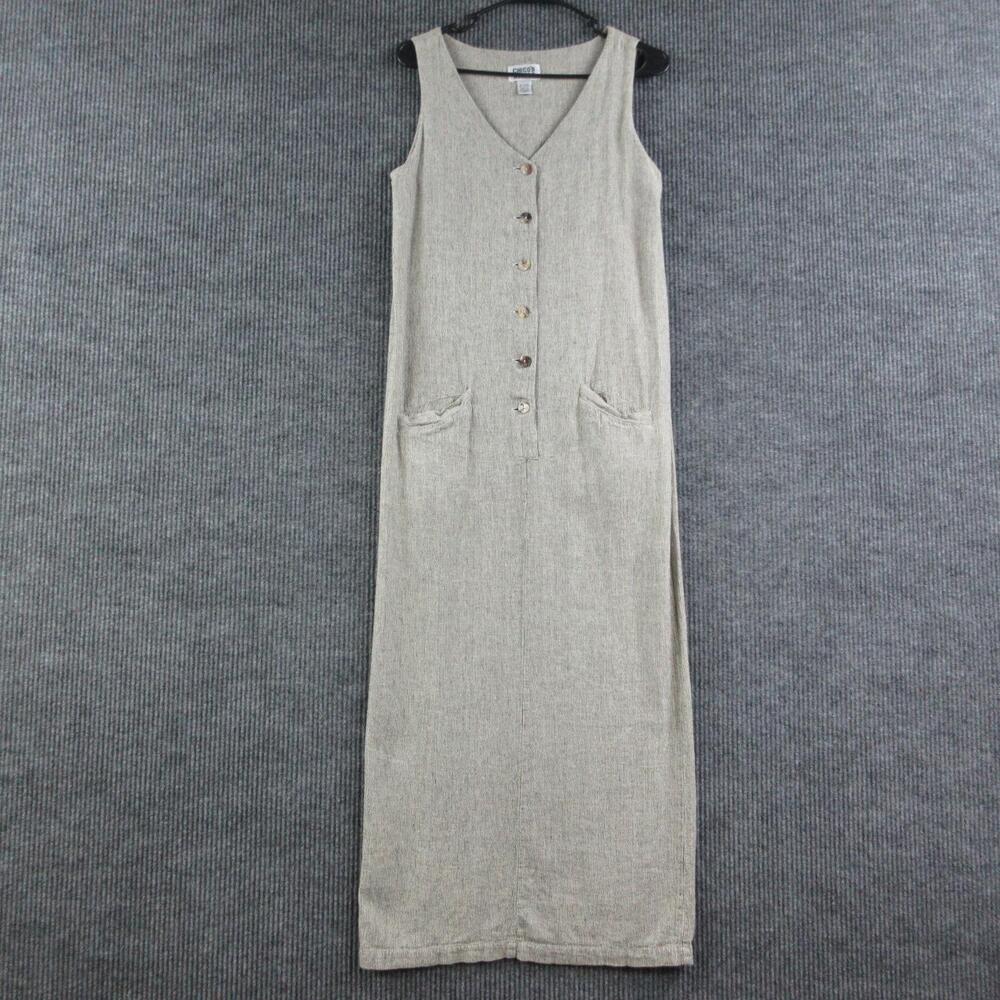 Chico's Design Dress Womens 0 Beige Striped Maxi Tank V-Neck Button Pockets